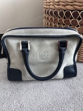 Authentic Loewe Anagram Suede Leather Hand Bag Blue Grey
